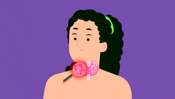 Vector de mujer con lupa señalando la tiroides